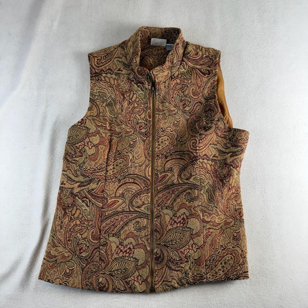 White Stag Womens XL Tapestry Vest Paisley Floral Full Zip Mock Neck Earth Tones
